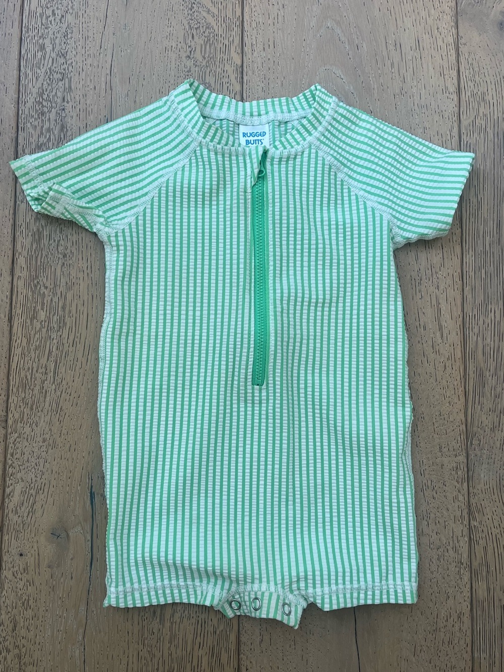 Rugged Butts Baby Swim Rashguard UPF 50 Green Seersucker Swim Stripe 6-12 months